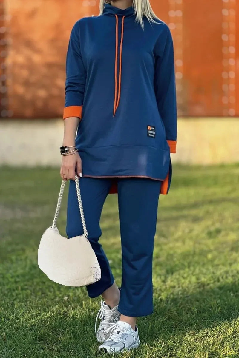 Long Contrast Color Sweatshirt Suit
