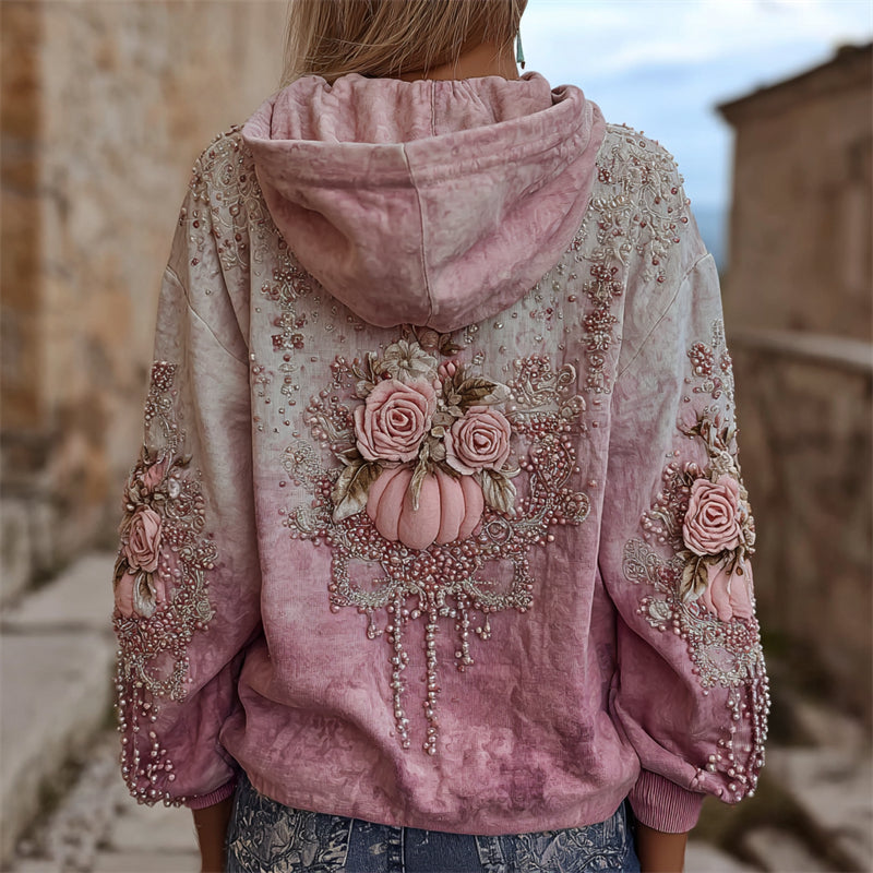 Vintage Thanksgiving Pink Pumpkins & Roses Gradient Hoodie elevenforest