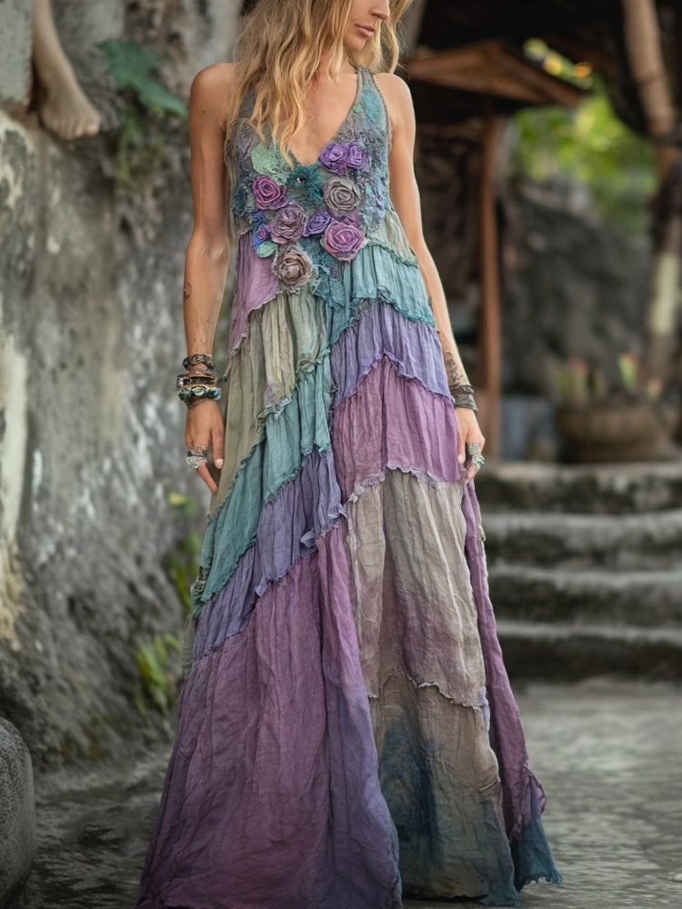 Vintage Purple Roses Embroidered Flowy Linen Maxi Dress elevenforest