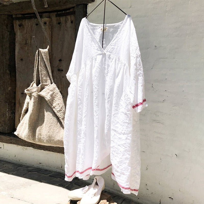 Casual Solid V-Neck Cotton Linen Loose Dress elevenforest