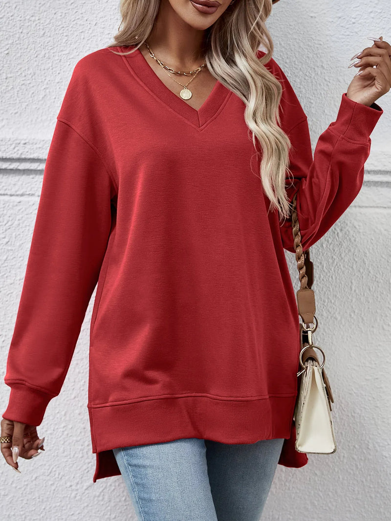 Autumn Winter Clothing Sweater Color V Neck Split Front Short Back Long Blouse