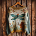 Comstylish Faith Cross Dragonfly Floral Embroidered Cozy Knit Sweater