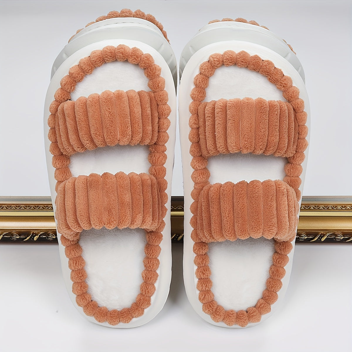 Double Straps Plush Slippers Ht0147