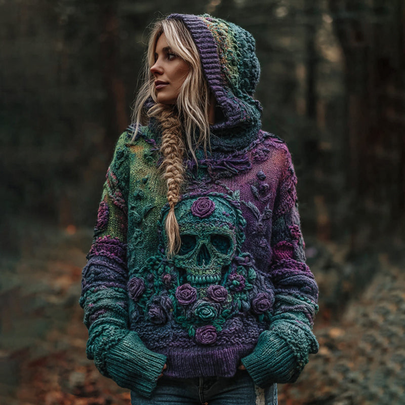 Women's Vintage Skull And Rose Gradient Art Knit Hooded Sweater elevenforest