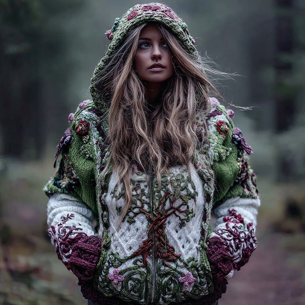 Comstylish Women's Vintage Viking Tree Of Life Art Knit Zip-up Hooded Sweater