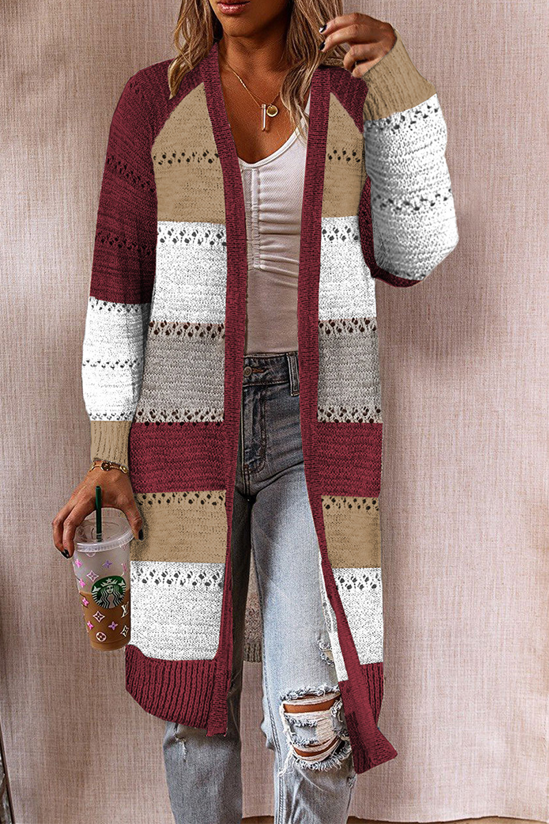 Patchwork Hollowed Out Cardigan Collar Outerwear