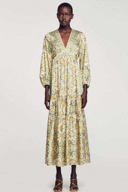 Paisley Mid Sleeve V-neck Midi Dress