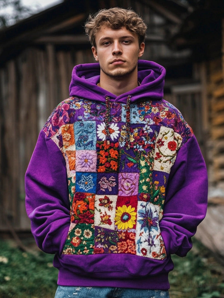 Japanese Floral Embroidery Art Men's Hooded Sweatshirt elevenforest