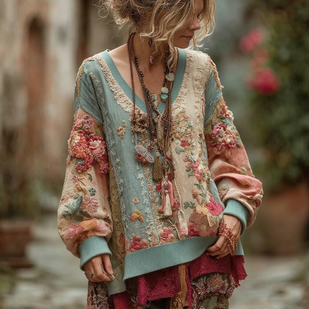 Women's Retro Bohemian Floral Pattern Comfortable Warm V-neck Sweatshirt elevenforest