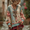 Women's Retro Bohemian Floral Pattern Comfortable Warm V-neck Sweatshirt elevenforest