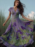 Vintage Iris Flowers Art V Neck Flowy Linen Maxi Dress elevenforest
