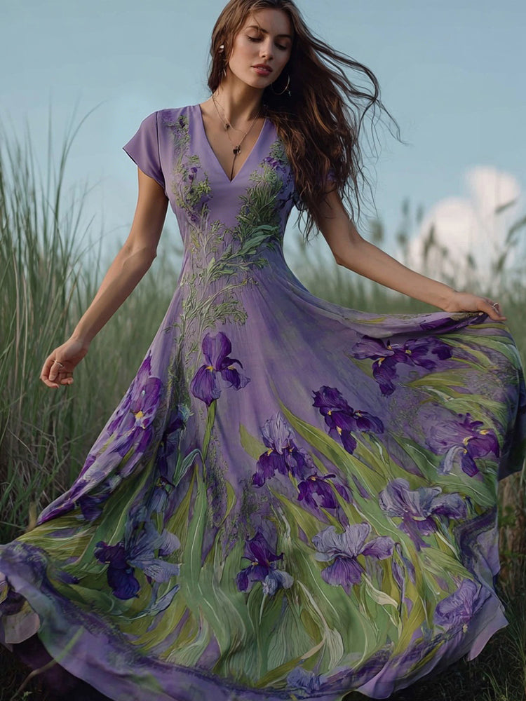 Vintage Iris Flowers Art V Neck Flowy Linen Maxi Dress elevenforest