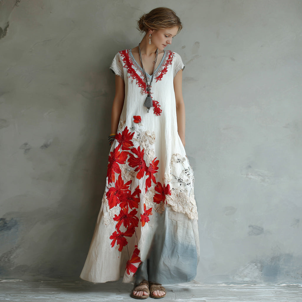 Women's Retro Red Spider Lily Cotton And Linen V-neck Dress elevenforest