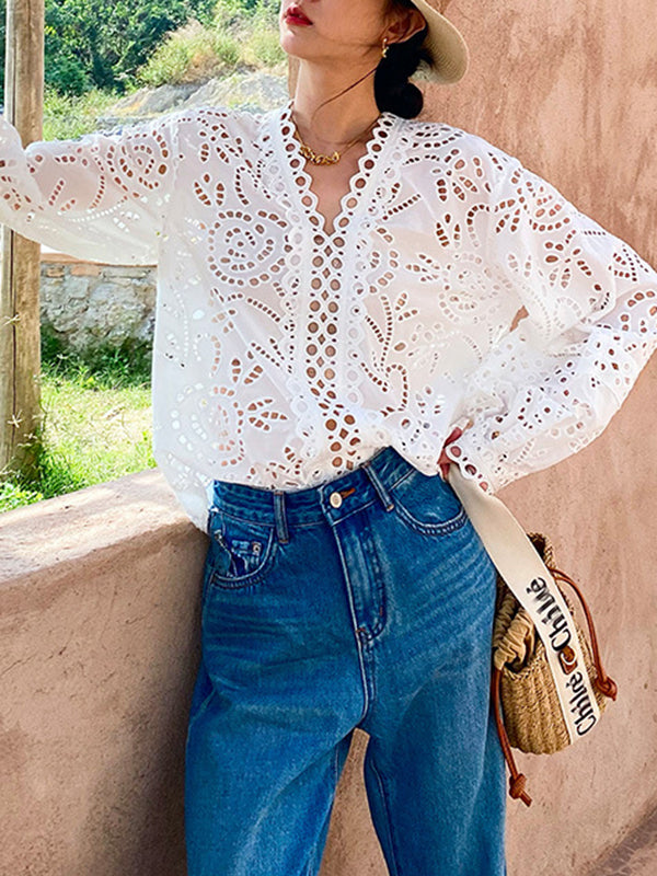 Long Sleeves Loose Hollow See-through Color Split-joint V-neck Blouses&shirts Tops