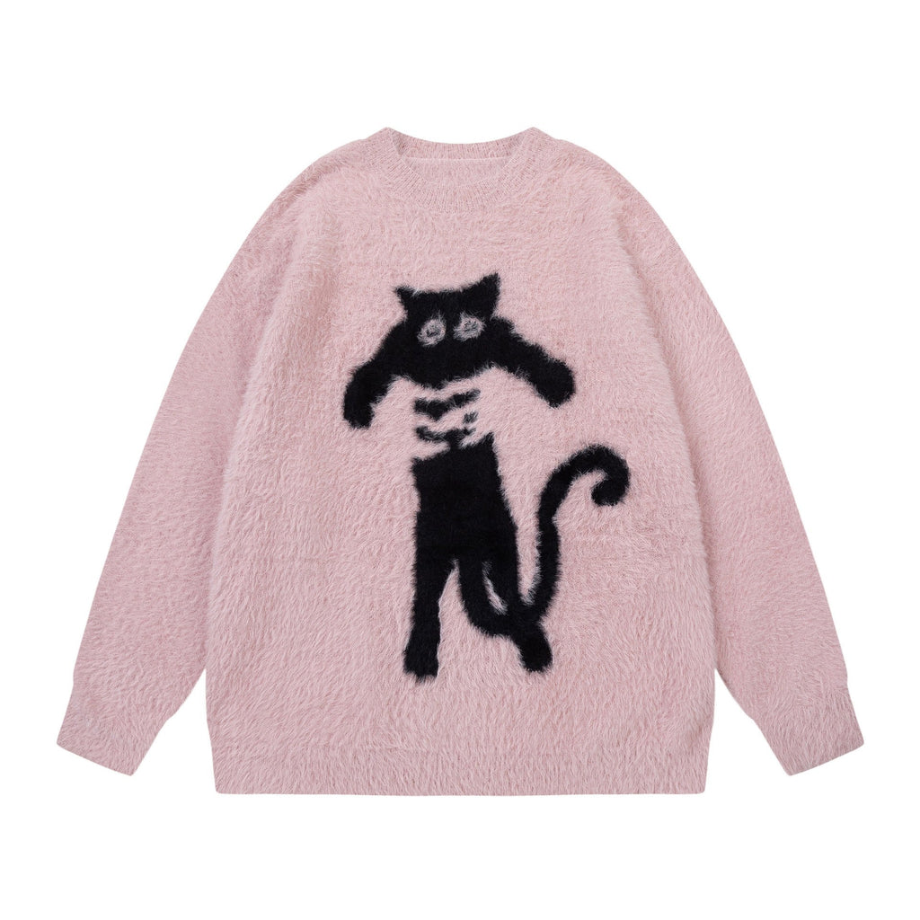 Abstract Black Cat Graphic Jacquard Art Fuzzy Knit Unisex Sweater elevenforest