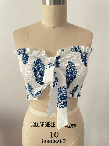 Bandeau Top Two Piece Bow Tank Top Printed Wide Leg Pants Coord Set