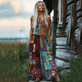 Women's Floral Patchwork Linen Print Cotton Linen Jumpsuit elevenforest