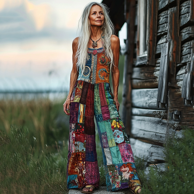 Women's Floral Patchwork Linen Print Cotton Linen Jumpsuit elevenforest