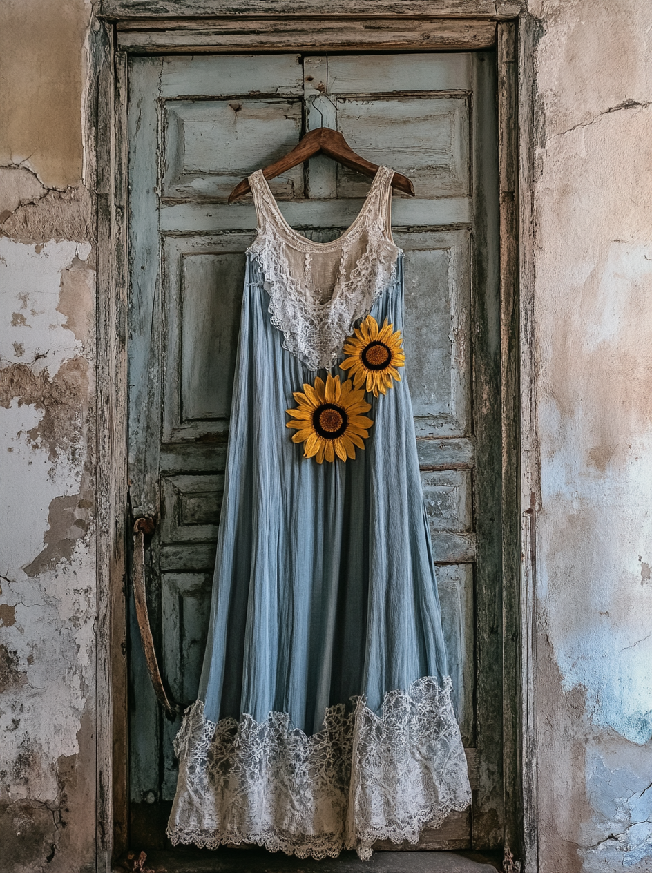 Boho Sunflower Embroidered Pattern Lace Patchwork Art Linen Dress elevenforest