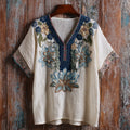 Bohemian-style Tie-dye Lotus Pattern Loose Retro Short-sleeved V-neck Top elevenforest