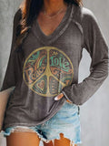Women's Hippie Art Print V-Neck Long Sleeve Top