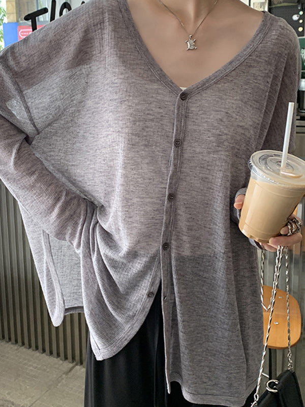 Long Sleeves Loose Buttoned Color Sun Protection V-neck Cardigan Tops