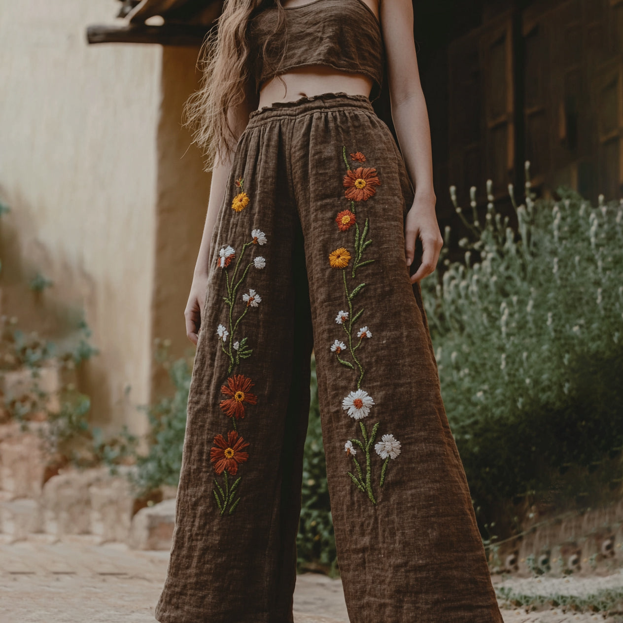 Women's Retro Linen  Floral Boho Loose Wide-leg Trouser Pants elevenforest