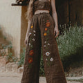 Women's Retro Linen  Floral Boho Loose Wide-leg Trouser Pants elevenforest