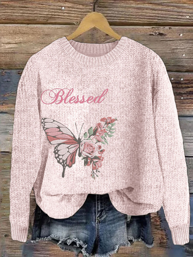 Pink Consciousness Blessed Butterfly Embroidered Sweater artswardrobe