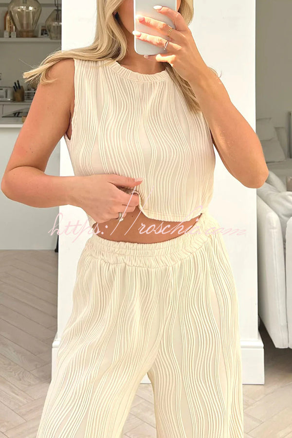 Color Water Wave Crew Neck Tank Top and Elastic Waist Straight Pants Set
