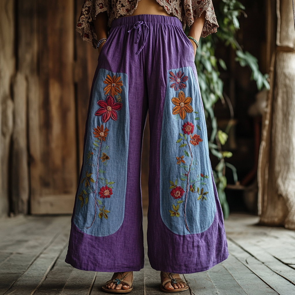 Bohemian Holiday Style Bohemian Floral Print Linen Long Loose Wide-leg Pants elevenforest