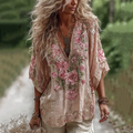 Women's Vintage Rose Embroidery Art Comfy Linen Shirts elevenforest