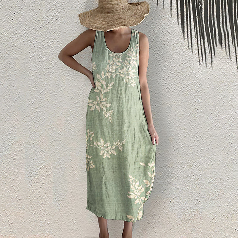 Floral Print Sleeveless Casual Linen Blend Midi Dress elevenforest