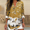 Comstylish Japanese Art Flower Crane Print V-Neck Blouse