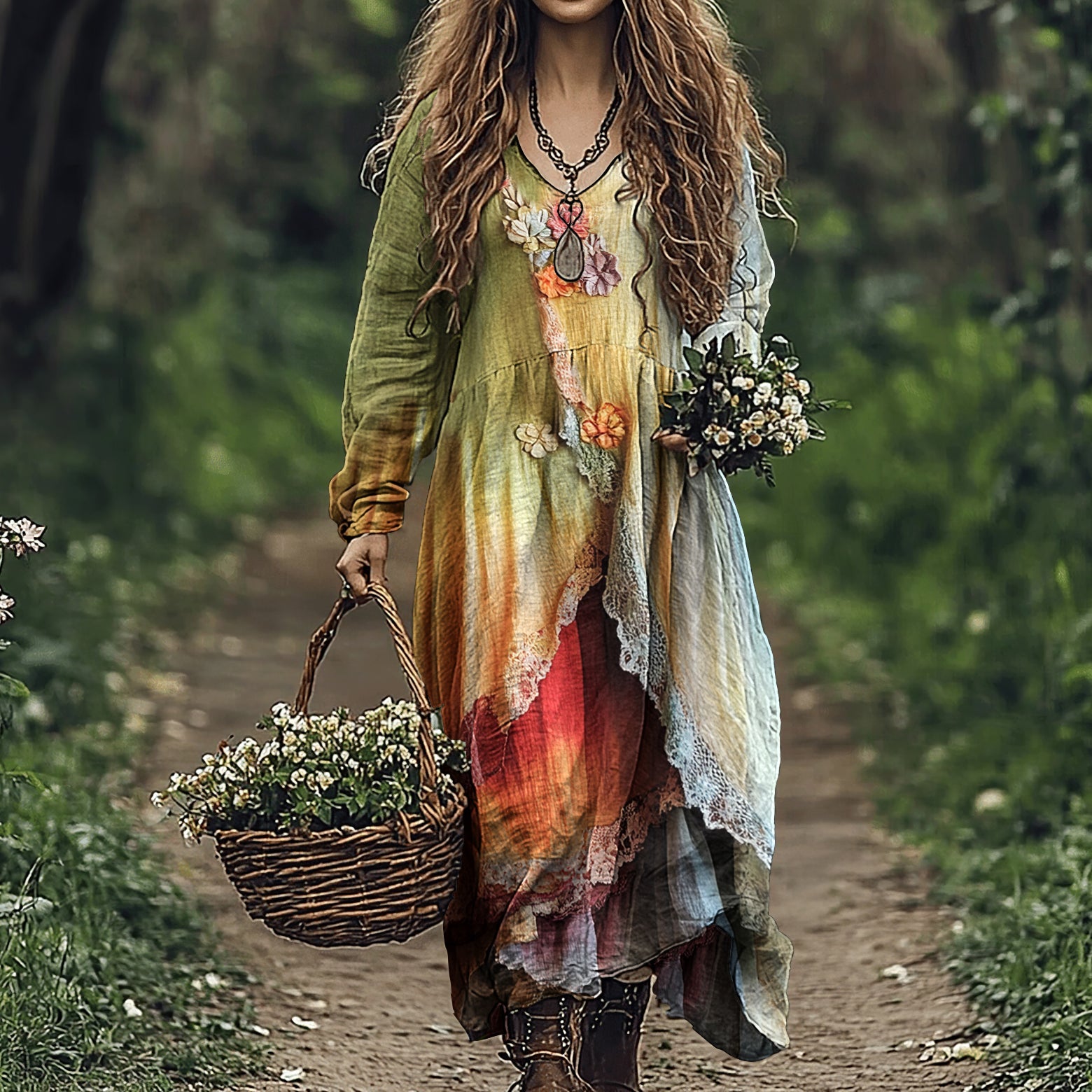 Women's Vintage Gradient Floral Patchwork Comfy Midi Dress elevenforest