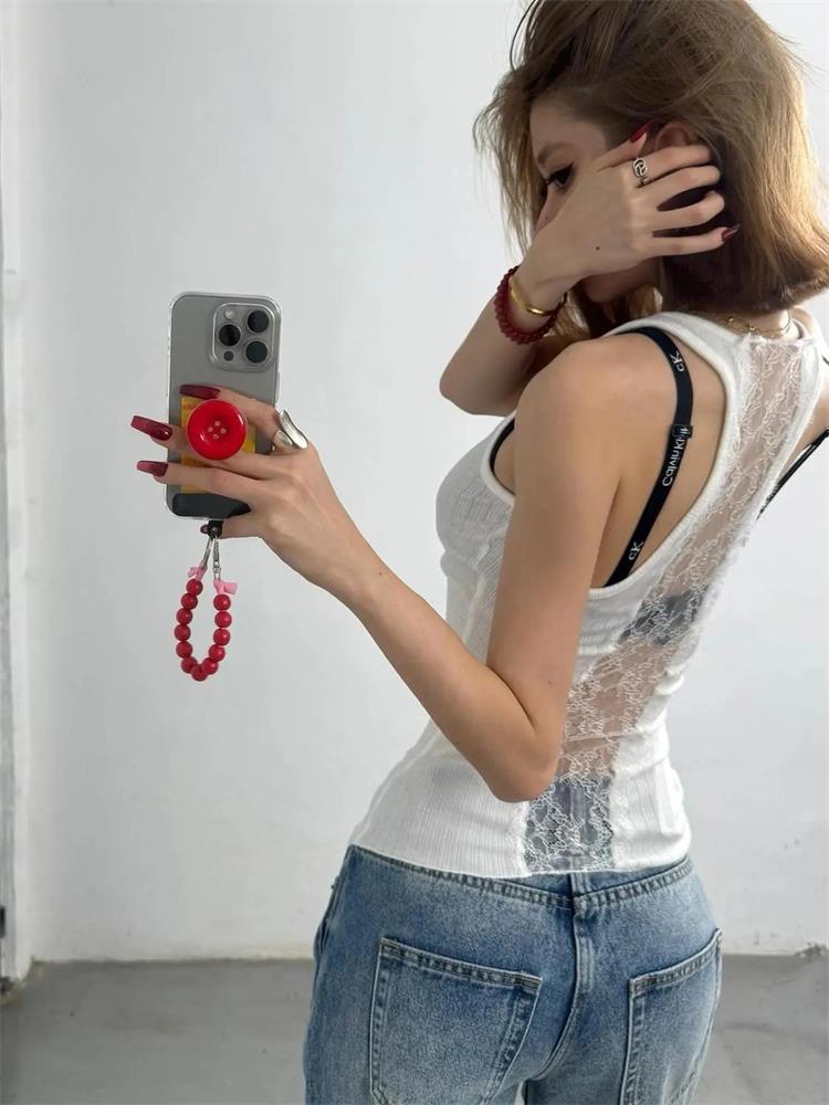 Summer Y2k Clothing Tank Tops White Thin Lace Patchwork Tops Sleeveless Camisole Vest Low-cut Design
