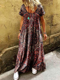 Women's Ethnic Pattern Art Printed Pocket Short Sleeve Cotton Dresses