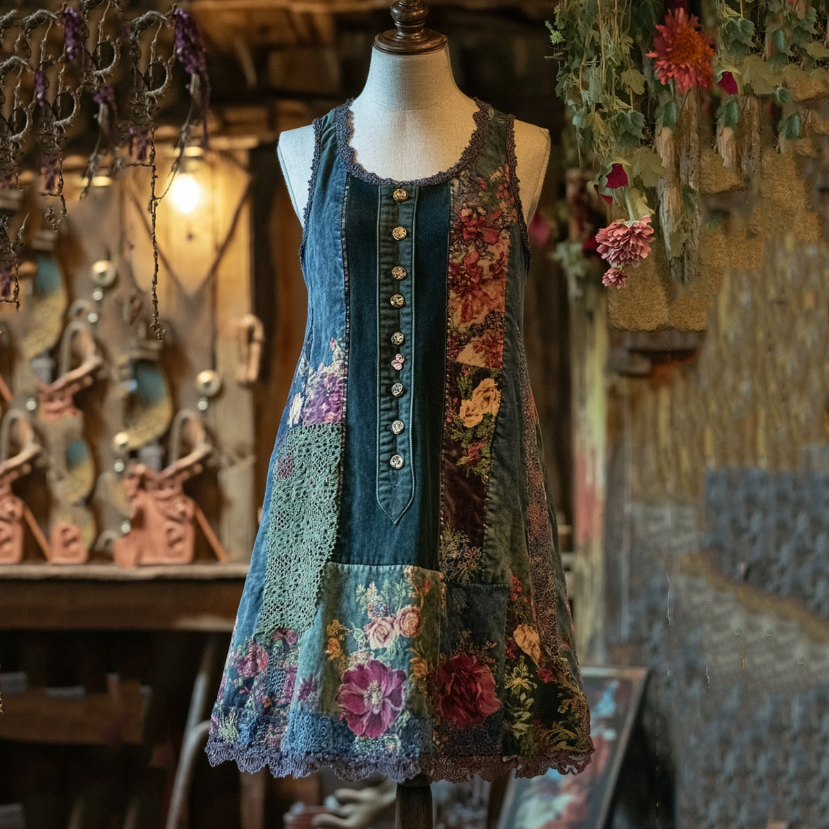 Women's Vintage Denim Violet Patchwork Lace Sling Dress elevenforest