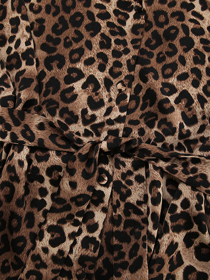Loose Leopard Split-joint Lapel Long Sleeves Tied Waist Blouse + Elasticity Pants Trousers Two Pieces Set