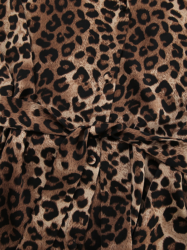 Loose Leopard Split-joint Lapel Long Sleeves Tied Waist Blouse + Elasticity Pants Trousers Two Pieces Set