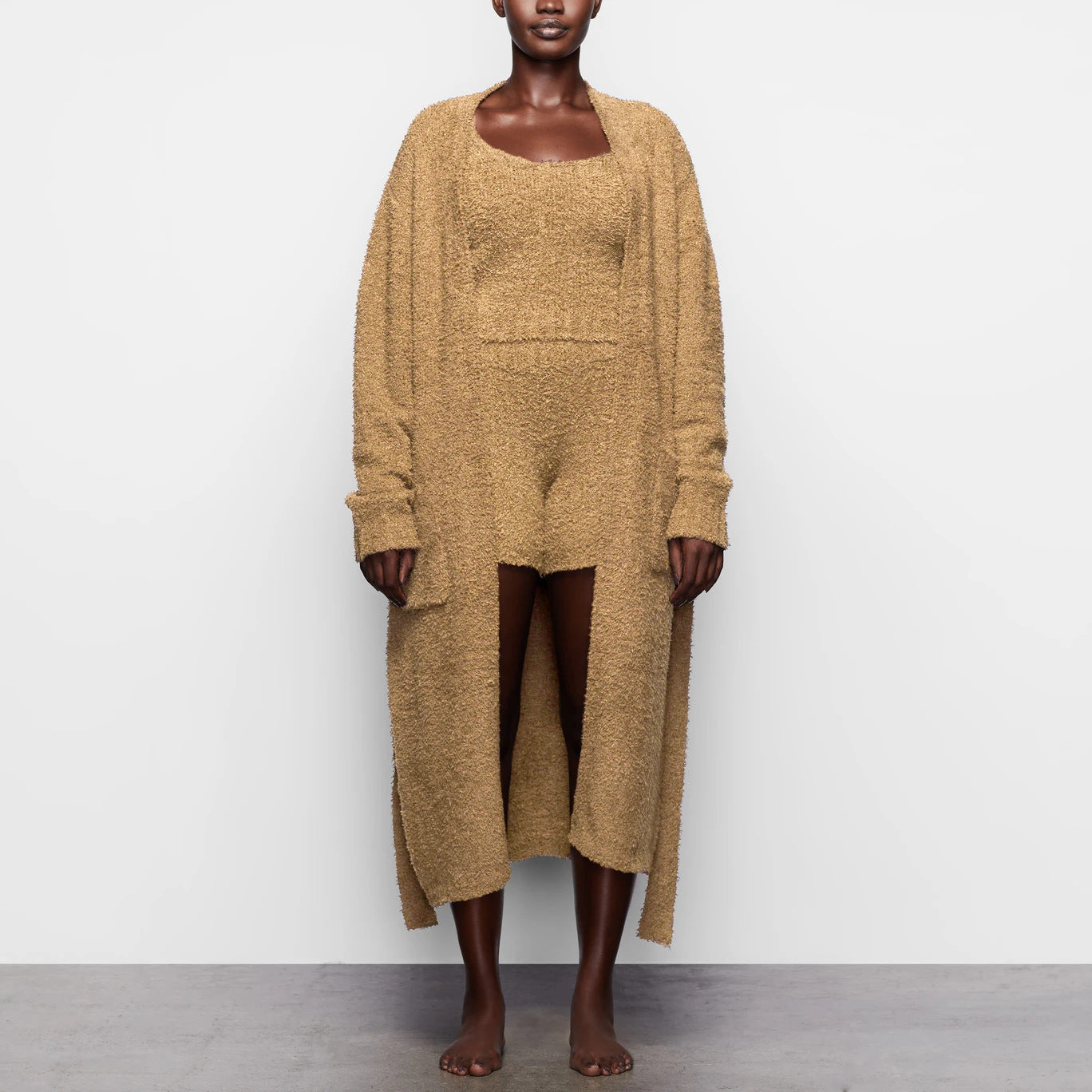 Fluffy Set Clothes Plush Lace-up Long Cardigan Belted Bathrobe Homewear Coat