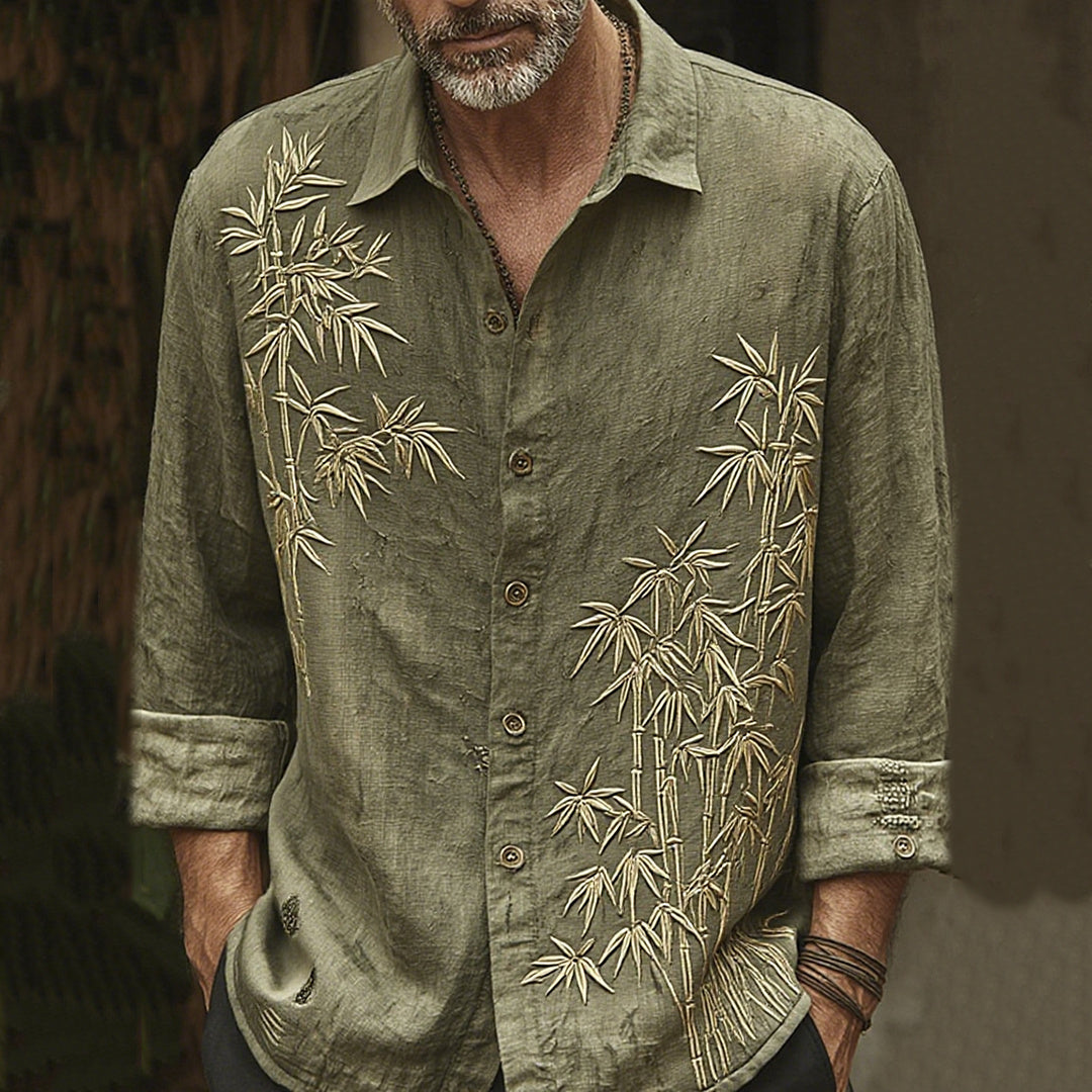Men's Vintage Bamboo Embroidery Art Long Sleeve Shirt elevenforest