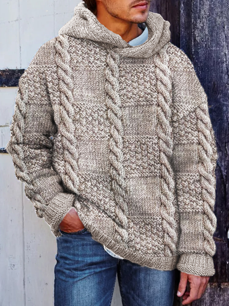 Men's Retro Check Cable Knit Chunky Hooded Sweater artswardrobe