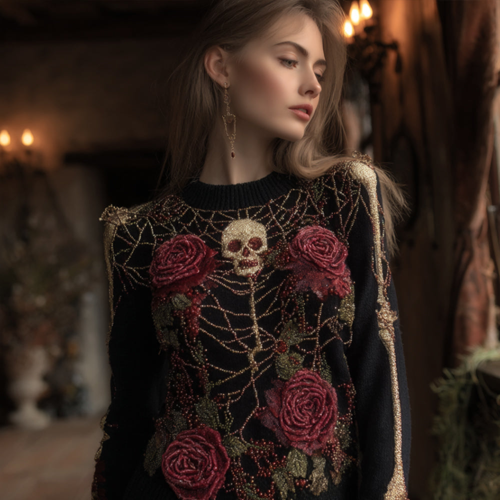 Women's Halloween Red Rose And Spider Web Retro Round Neck Sweater elevenforest