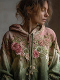 Vintage Purple Roses Fiber Art Lace Patchwork Hoodie elevenforest