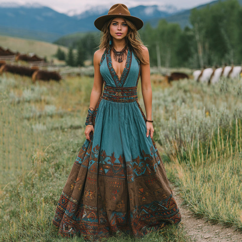 Women's Vintage Western Geometric Print V-neck Tank Maxi Dress elevenforest
