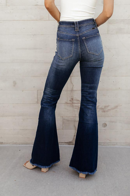 Ripped Buckle Mid Waist Boot Cut Denim Jeans