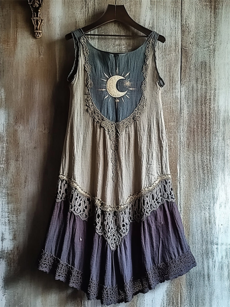 Mystical Moon Inspired Lace Hem Contrast Patchwork Linen Dress elevenforest
