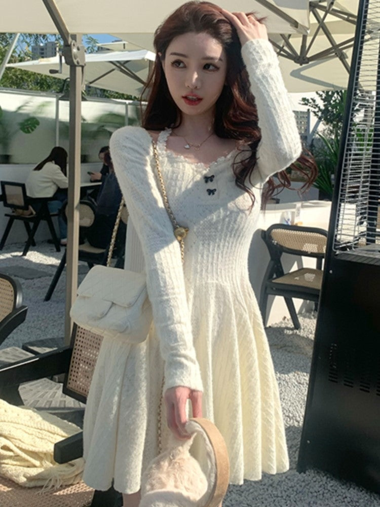 Autumn Winter Knitted Dress Long Sleeve A-line Korean Slim Female Birthday Party Prom Vestidos Mini Dresses
