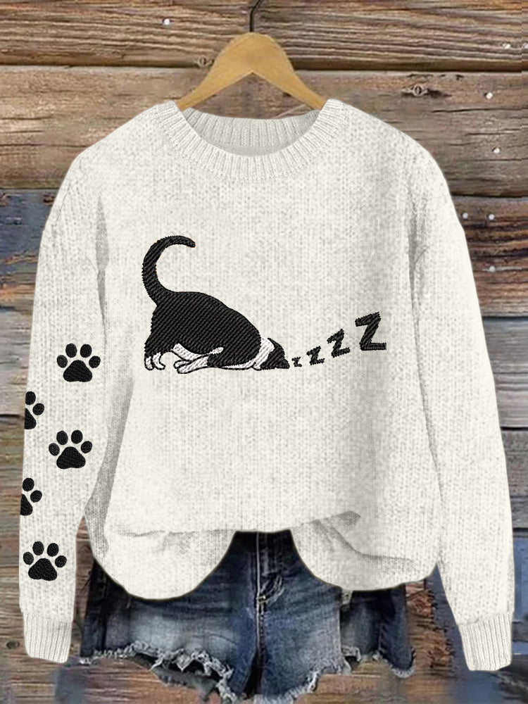 Comstylish Cute Sleeping Cat Embroidered Cozy Knit Sweater
